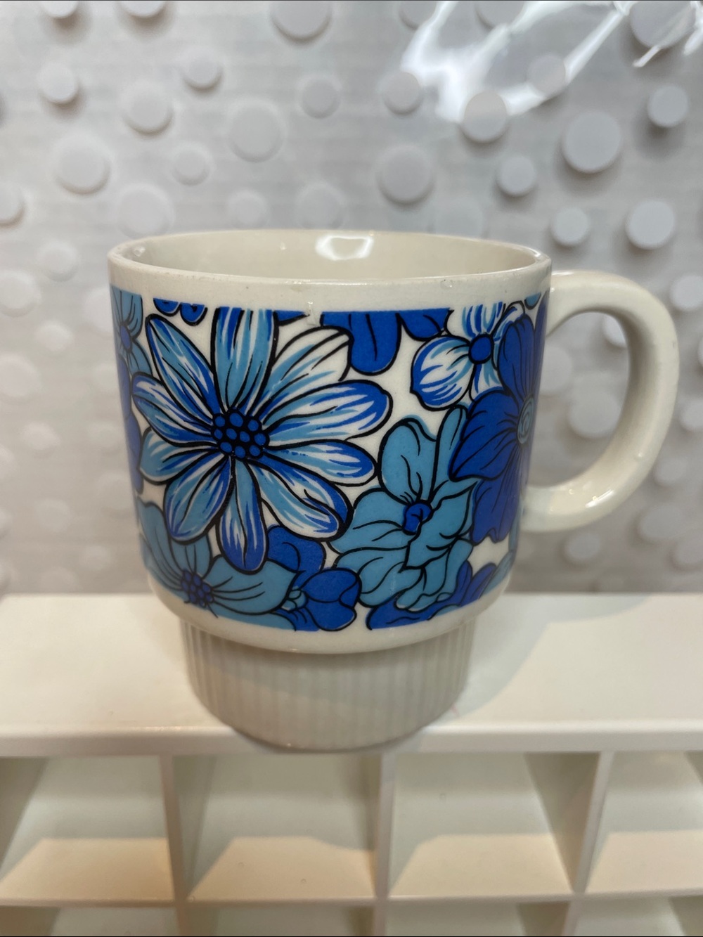 Vintage 70s Japan Blue Floral Ceramic Mug